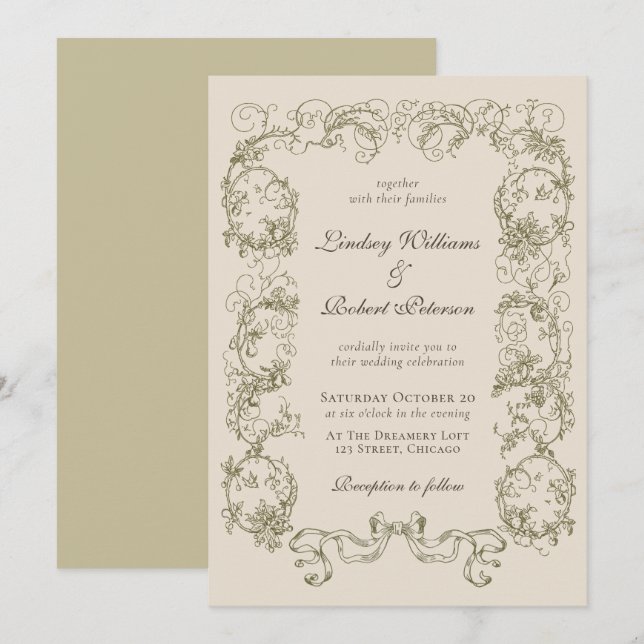 Elegant Vintage Beige Cream Ornate Wedding Invitation (Front/Back)