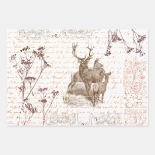 Elegant Vintage Beige Deer Wildflower Script Wrapping Paper Sheet