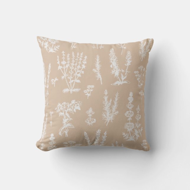 Elegant Vintage Beige Herbal Garden Pattern Throw Pillow (Front)