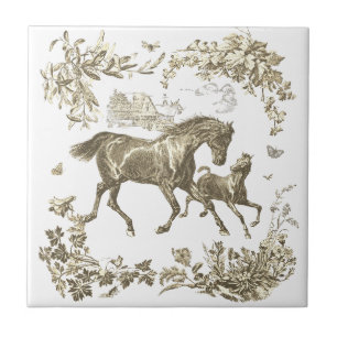 Elegant Vintage Beige Horses Floral Tile