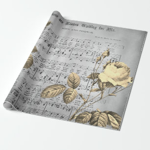 Elegant Vintage Beige Rose on Antique Music Sheet Wrapping Paper