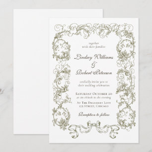 Elegant Vintage Beige White Ornate Floral Wedding Invitation