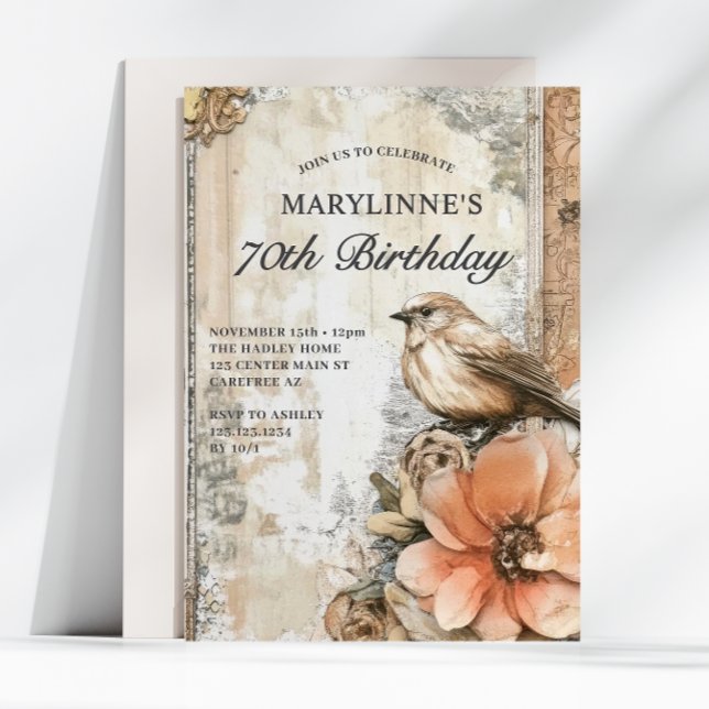 Elegant Vintage Bird Floral 70th Birthday Invitation (Creator Uploaded)