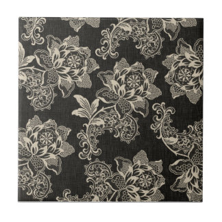 Elegant Vintage Black and Cream Florals and Damask Tile