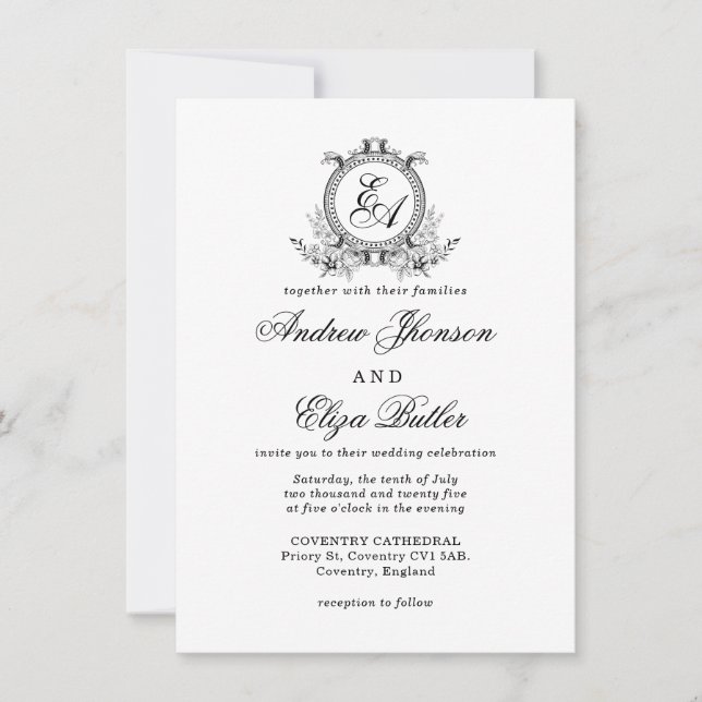 Elegant Vintage Black and White Monogram Invitation (Front)