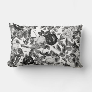 Elegant Vintage Black and White Roses Floral Lumbar Pillow