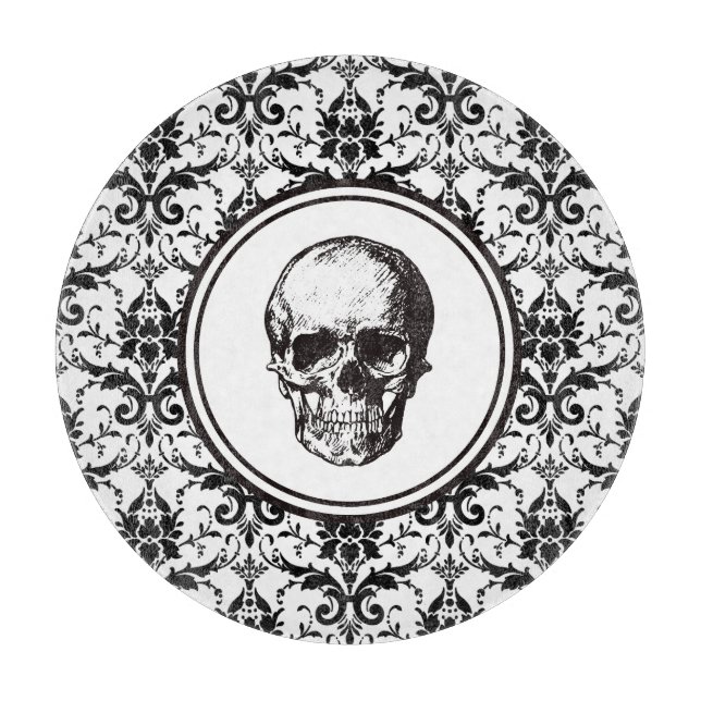Elegant Vintage Black Damask Pattern Skull Cutting Board (Front)