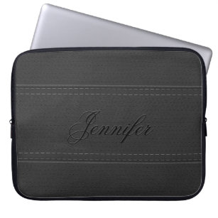 Elegant Vintage Black Faux Leather Look Stitches Laptop Sleeve