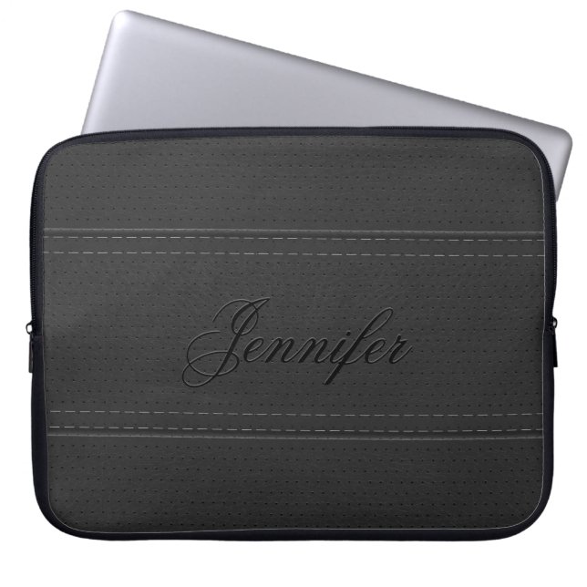 Elegant Vintage Black Faux Leather Look Stitches Laptop Sleeve (Front)