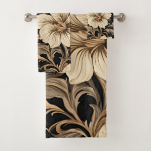 Elegant Vintage Black Floral Pattern Bath Towel Set
