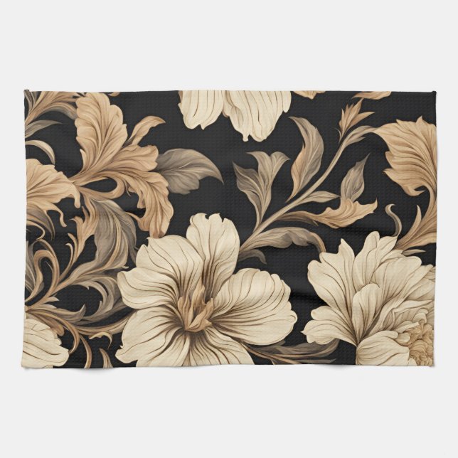 Elegant Vintage Black Floral Pattern Kitchen Towel (Horizontal)
