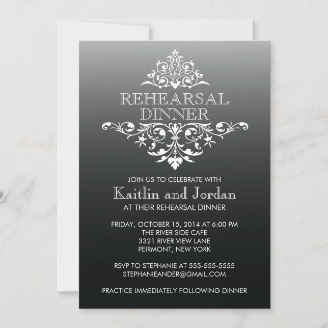 Elegant Vintage Black Flourish Rehearsal Dinner Invitation (Front)