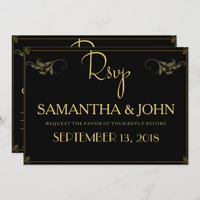 Elegant Vintage Black Gold Classic Rsvp Invitation (Front/Back)