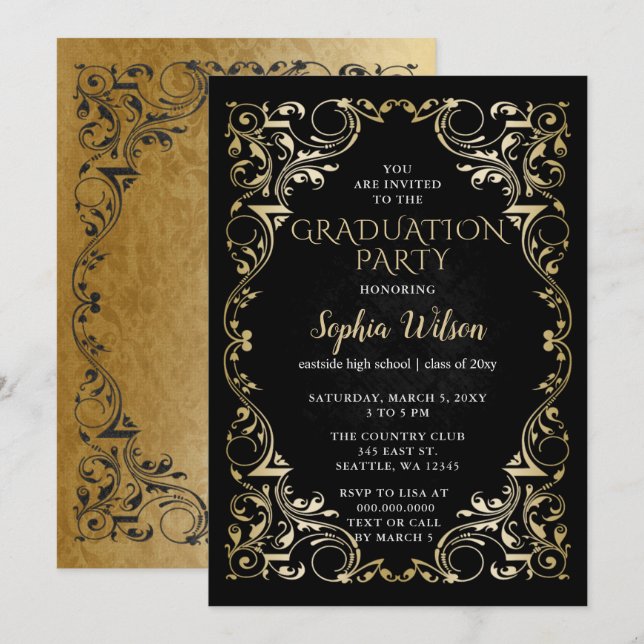 Elegant Vintage Black Gold Graduation Invitation (Front/Back)
