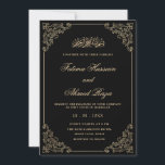 Elegant Vintage Black Gold Script Muslim Wedding Invitation<br><div class="desc">This is an elegant, vintage style Islamic Muslim wedding invitation to send out to your family and friends. Celebrate your special day with this ornate black invite card with its stylish gold script font and delicate baroque leaf filigree scroll corner frame. Golden arabic calligraphy is written on top. This is...</div>