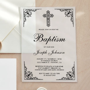 Elegant Vintage Black Ornate Cross Baptism Acrylic Invitations