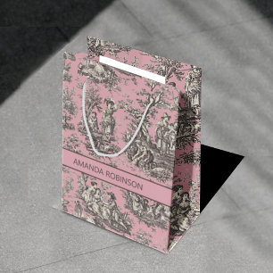 Elegant vintage black pink toile de jouy medium gift bag