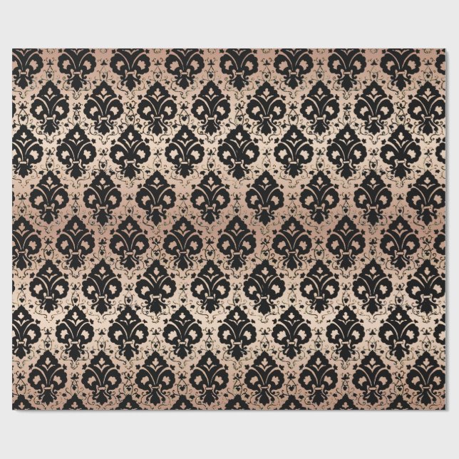 Elegant Vintage Black Rose Gold Damask  Wrapping Paper (Flat)