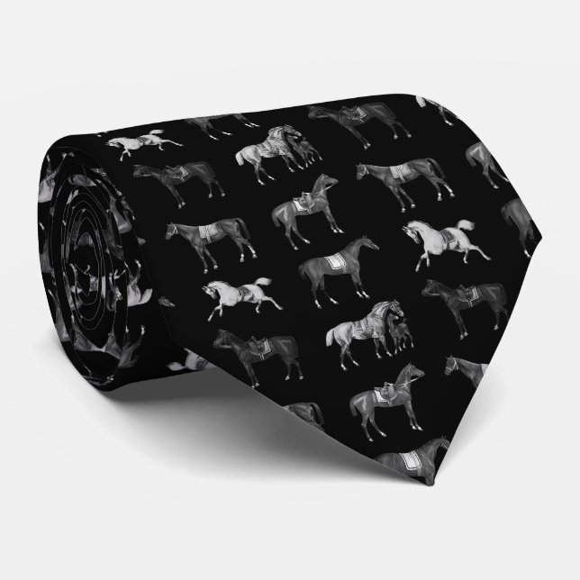 Elegant Vintage Black Saddled Horses Tie (Rolled)