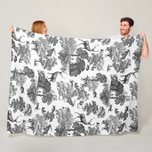 Elegant Vintage Black White French Toile Deer Fleece Blanket
