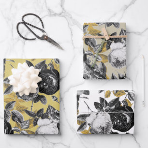 Elegant Vintage Black White Gold Beige Rose Floral Wrapping Paper Sheet