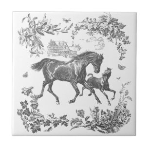 Elegant Vintage Black White Horses Floral Tile