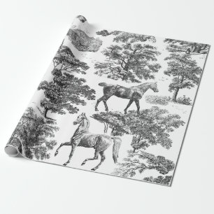 Elegant Vintage Black White Horses in Woods Toile  Wrapping Paper