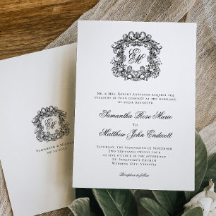 Elegant Vintage Black White Monogram Crest Wedding Invitation