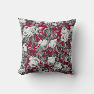 Elegant Vintage Black White Roses on Burgundy Throw Pillow