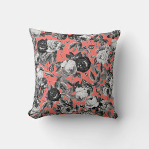 Elegant Vintage Black White Roses on Coral Floral Throw Pillow