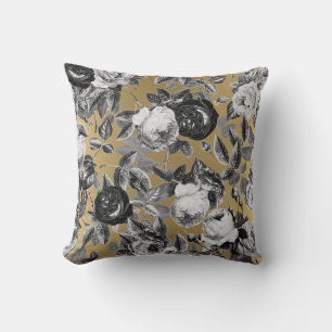 Elegant Vintage Black White Roses on Gold Throw Pillow