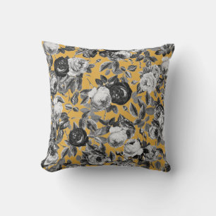 Elegant Vintage Black White Roses on Mellow Yellow Throw Pillow