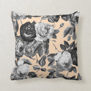 Elegant Vintage Black White Roses Tan Beige Throw Pillow