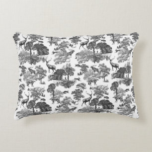 Elegant Vintage Black White Toile Deer Pattern Accent Pillow