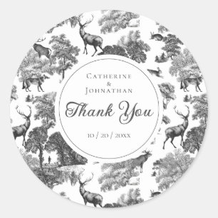 Elegant Vintage Black White Toile Deer Pattern Classic Round Sticker