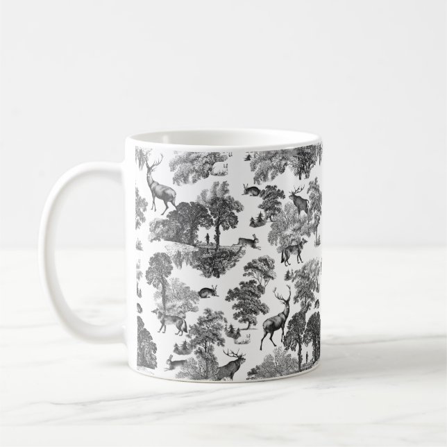 Elegant Vintage Black White Toile Deer Pattern Coffee Mug (Left)