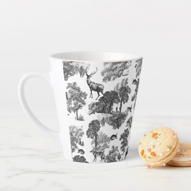Elegant Vintage Black White Toile Deer Pattern Latte Mug (In Situ)