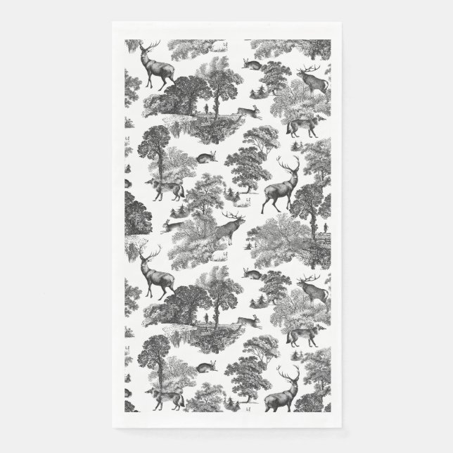 Elegant Vintage Black White Toile Deer Pattern Napkin (Front)