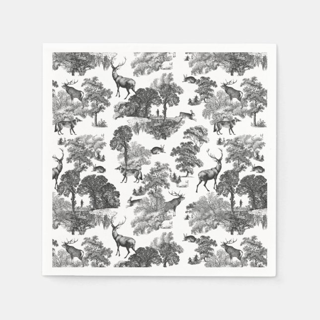 Elegant Vintage Black White Toile Deer Pattern Napkin (Front)