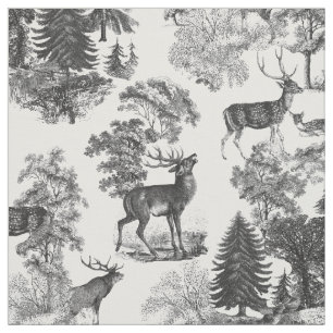 Elegant Vintage Black White Toile Deer Woodland  Fabric