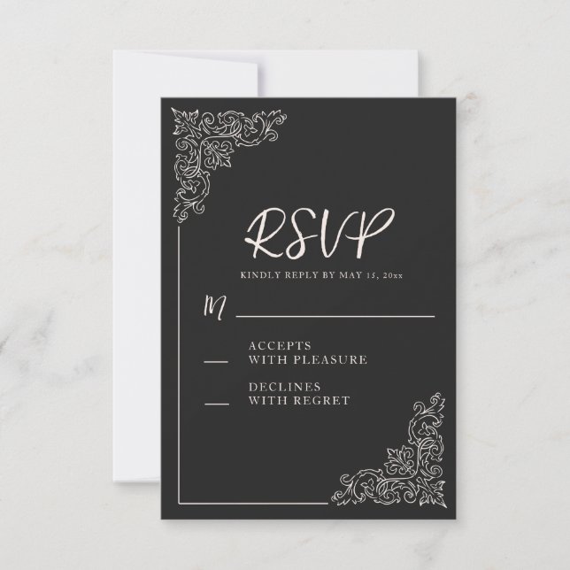 Elegant Vintage Black White Wedding  RSVP Card (Front)