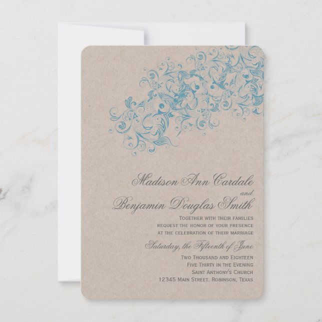 Elégant Vintage Bleu Flourish Mariage Invitations (Devant)