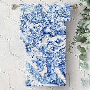 Elegant Vintage Blue and White Chinoiserie Bath Towel Set