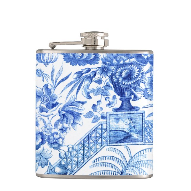 Elegant Vintage Blue and White Chinoiserie Hip Flask (Front)