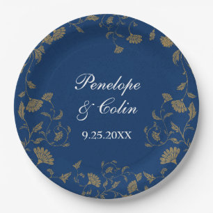 Elegant Vintage Blue Bride Groom Names Wedding Paper Plate