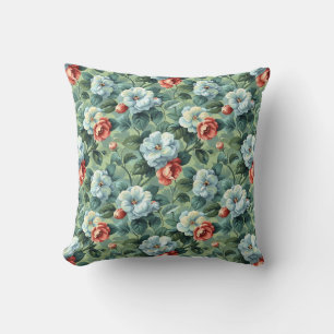 Elegant Vintage Blue & Coral Floral Throw Pillow