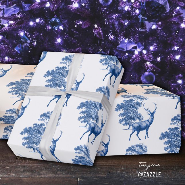 Elegant Vintage Blue Deer Country Toile Wrapping Paper (Creator Uploaded)