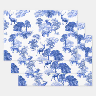 Elegant Vintage Blue Deer Fox Country Toile Wrapping Paper Sheet