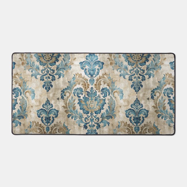 Elegant Vintage Blue Floral Desk Mat (Front)