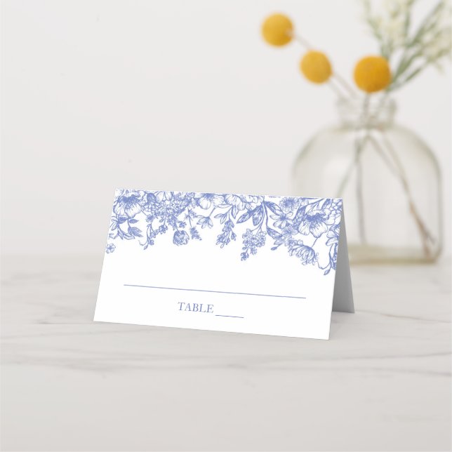 Elegant Vintage Blue Floral Flat Place Card (Front)